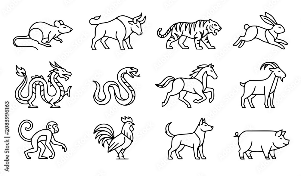 Fototapeta premium Chinese Zodiac Animal Collection Vector EPS 10 Minimalist Geometric Line Art Horoscope Set
