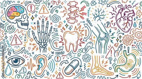 Comprehensive collection of anatomical and medical doodles including internal organs bones body systems in a colorful hand-drawn sketch style skeleton medicine healthcare