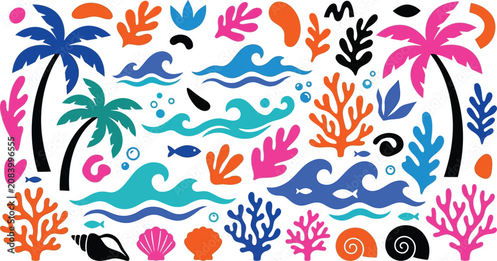 Fototapeta premium Colorful tropical beach and ocean underwater vector icon set with tropical, vacation