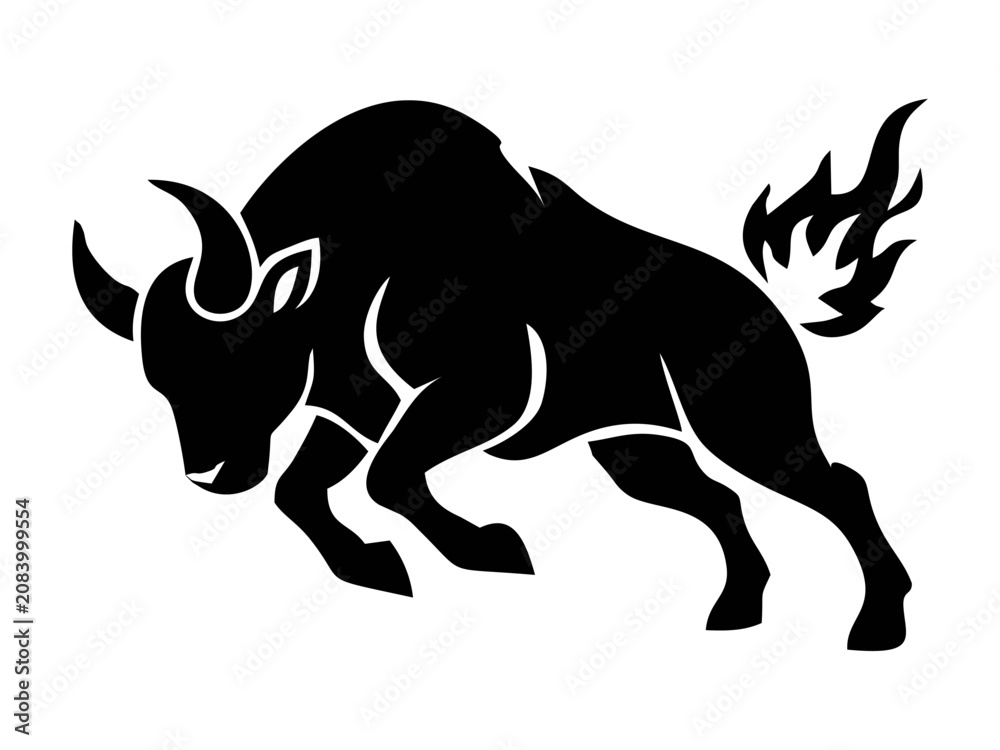 Fototapeta premium A black silhouette of a bull in a charging stance, with artistic flames on its tail. Year of the Fire Goat.