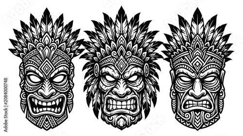 Fotografie Detailed monochrome tribal warrior mask trio on white.