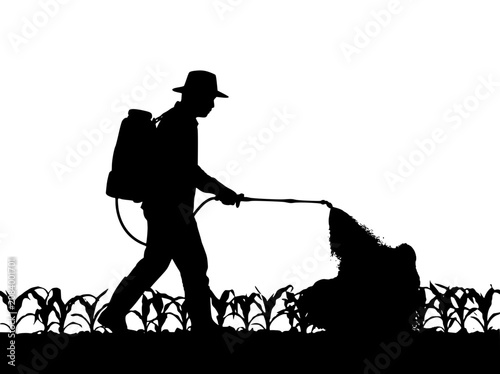 Silhouette of a farmer spraying pesticide or fertilizer in a crop field