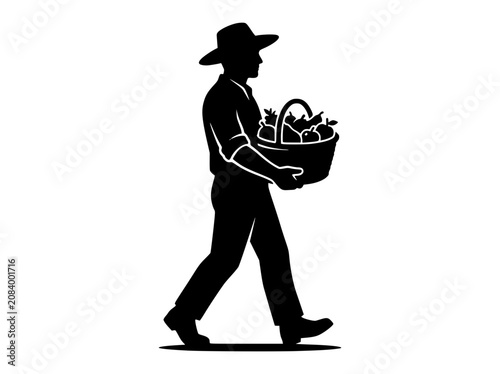 Silhouette of a Farmer Walking and Carrying a Fruit Basket