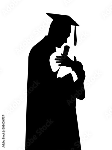 Silhouette of a graduate student wearing a mortarboard and gown holding a diploma