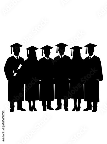 Silhouette of a Group of Graduates Standing in Gowns and Caps