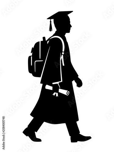Silhouette of a male graduate walking with a backpack and holding a diploma