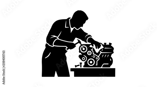 Silhouette of a mechanic repairing a car engine on a workbench