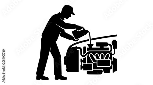 Silhouette of a mechanic pouring motor oil into a car engine