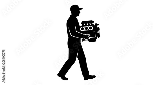 Silhouette of a Mechanic Carrying a Car Engine Block