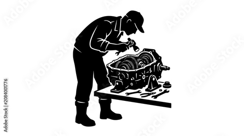 Silhouette of a Mechanic Repairing a Gearbox on a Workbench