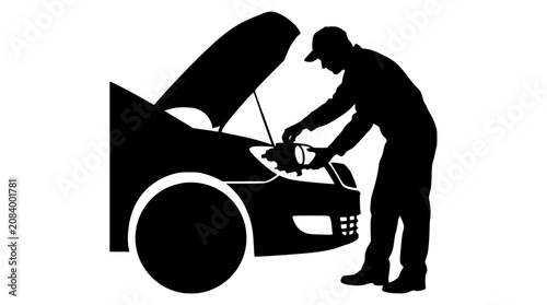 Silhouette of a Mechanic Repairing a Car with Open Hood