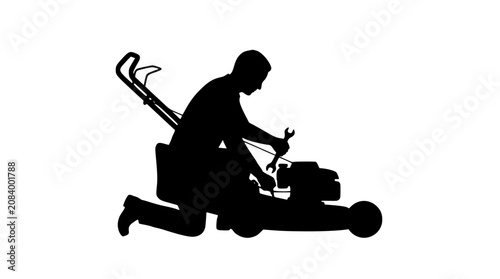 Silhouette of a Mechanic Repairing a Lawn Mower with a Wrench
