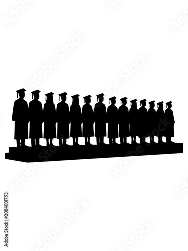Silhouette of a Row of Graduates in Caps and Gowns on a Platform