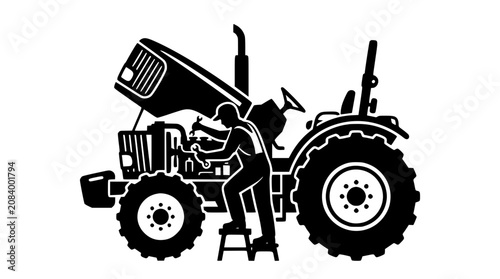 Silhouette of a mechanic repairing a tractor engine