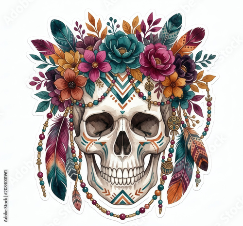 Sugar Skull with Boho Floral Crown and Feathers Day of the Dead Illustration