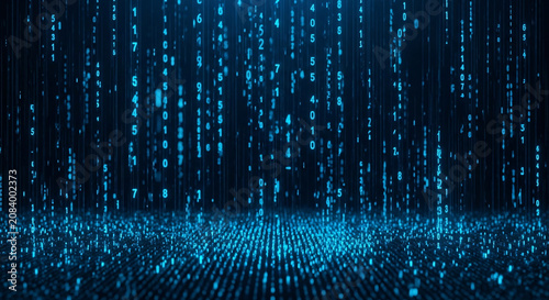 Digital background with falling blue binary code data points on a dark gradient with a white border at the bottom.