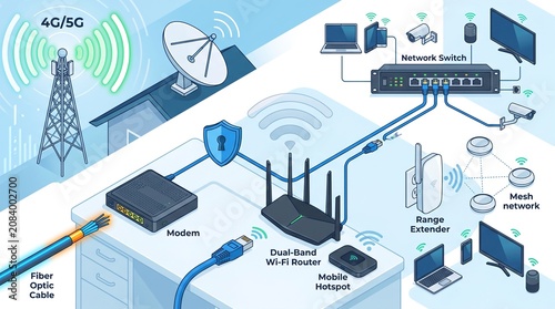Modern home network setup with wireless router and devices