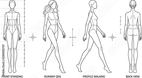 Female Fashion Croquis Set with Front Standing Back View Runway Walking and Profile Poses Vector Flat Technical Template for Apparel Design