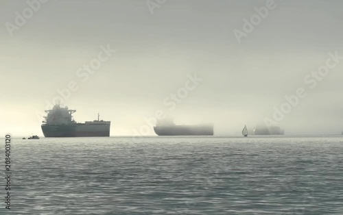 Cargo ships anchored in misty ocean with sailboat, moody atmosphere