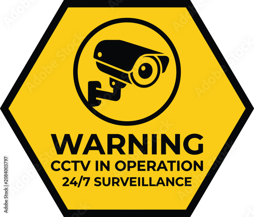 Warning cctv surveillance yellow hexagon sign