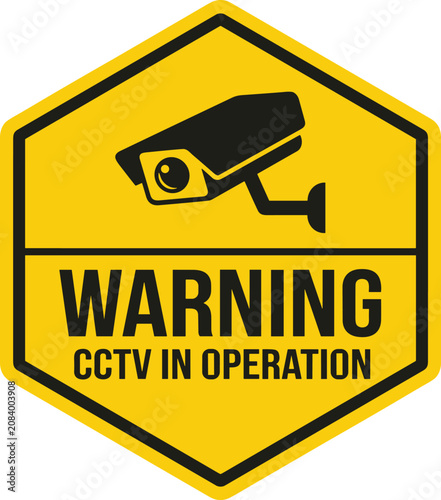 Warning cctv surveillance sign in yellow hexagon shape