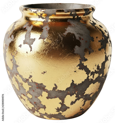 Antique golden vase with distressed weathered texture isolated on transparent