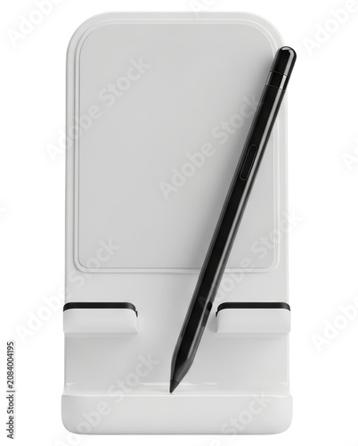 Modern white desktop smartphone stand with black stylus pen on a transparent backdrop
