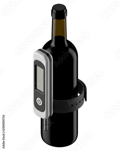 Digital wine bottle thermometer with strap over transparent background