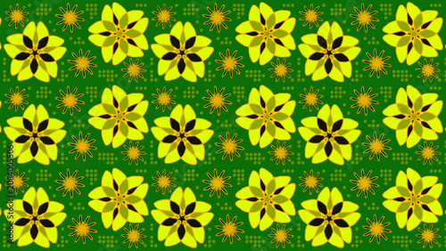 Fotografija A vibrant floral seamless pattern featuring large stylized yellow flowers and smaller golden starbursts spread across a rich green backdrop