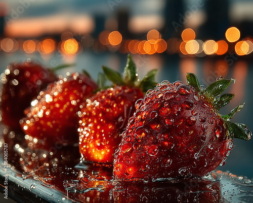 Fresh strawberries with sugar glaze on reflective glass surface in warm evening light