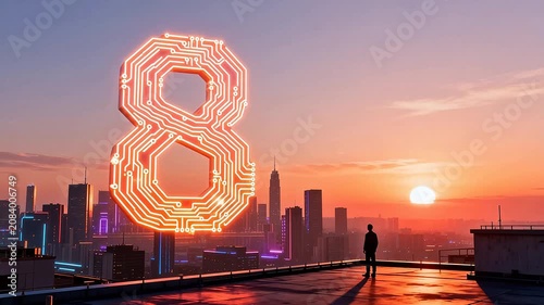 Man viewing neon circuit number eight at sunset