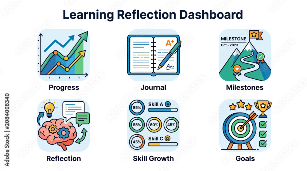 Fototapeta premium Learning Reflection Dashboard: Progress, Journal, Milestones, Reflection, Skill Growth, Goals