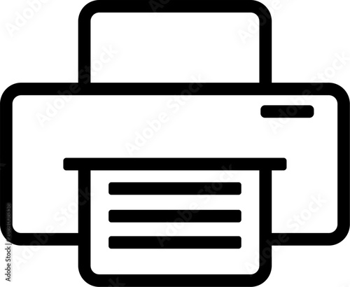Foto Simple black and white line art icon of a printer with a document emerging from the front slot, representing printing and office technology