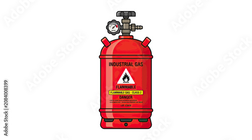 Bild auf Leinwand Red Industrial Gas Cylinder with Pressure Gauge and Flammable Warning Label