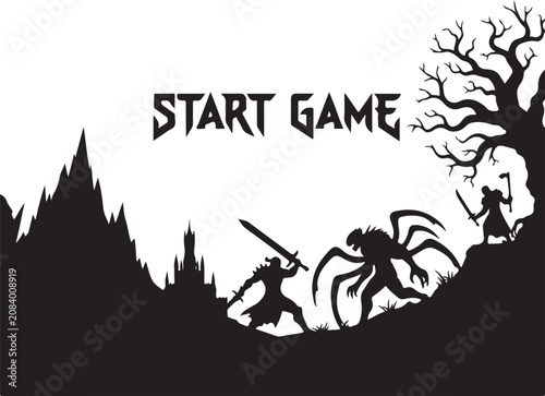 Fotografía Silhouette Gamers Start Adventure in Dark Fantasy Forest at Night, Generative Ai