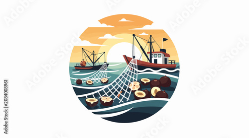 Fishing boats at sea with large nets and sunset sky.