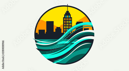 City skyline with flowing wave design illustration.