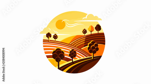Sunset over rolling hills with trees and fields.