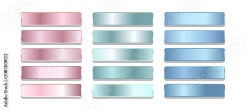 Collection of soft pastel metallic gradient swatches in columns of mint green, soft pink, and light blue
