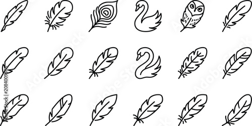Fotografie Feather and bird line icon set for retro quill pen lightweight decoration swan p