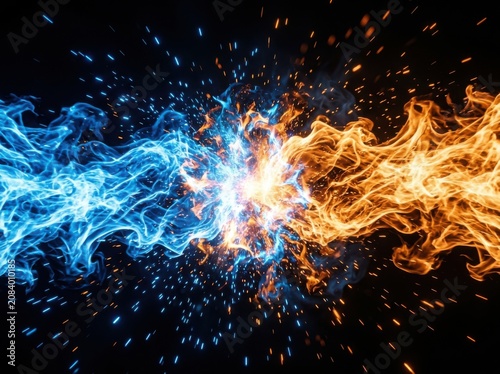 Abstract blue and orange fire streams colliding with sparks against a dark background representing energy fusion