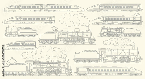 Obraz na plátně Hand drawn collection of vintage steam locomotives and modern high-speed bullet trains for transport history