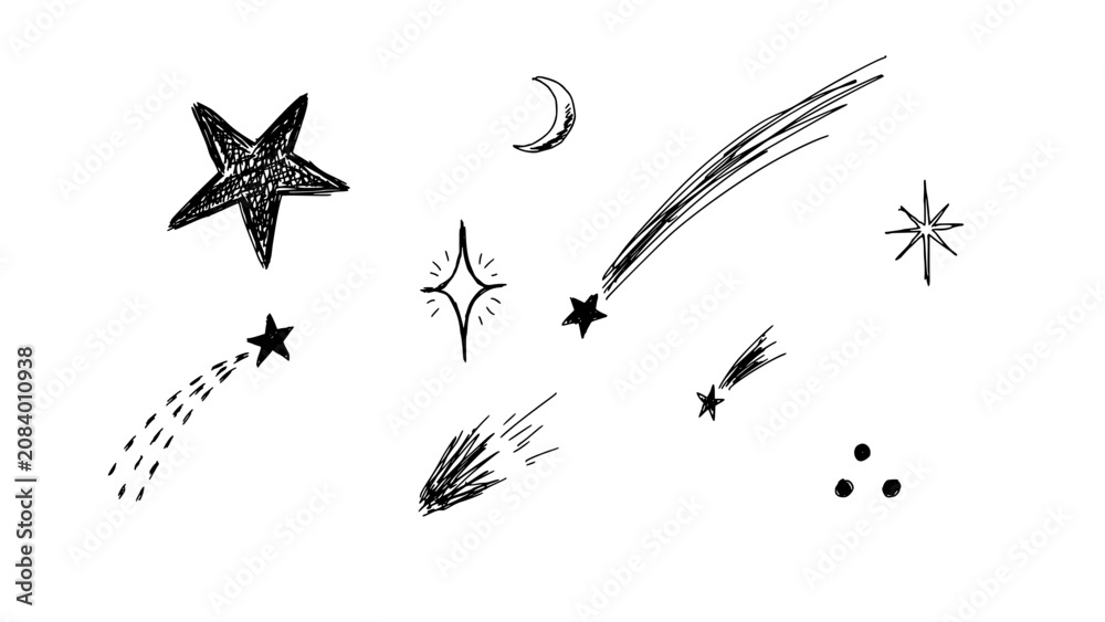 Fototapeta premium Star and Shooting Star Doodle Icons with Crescent Moon, Sparkles, and Hand-Drawn Strokes on White Background