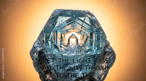 A glowing blue crystal tunnel channeling warm golden light to a central peak, symbolizing clarity, spiritual illumination, and the journey of inner wisdom finding its way