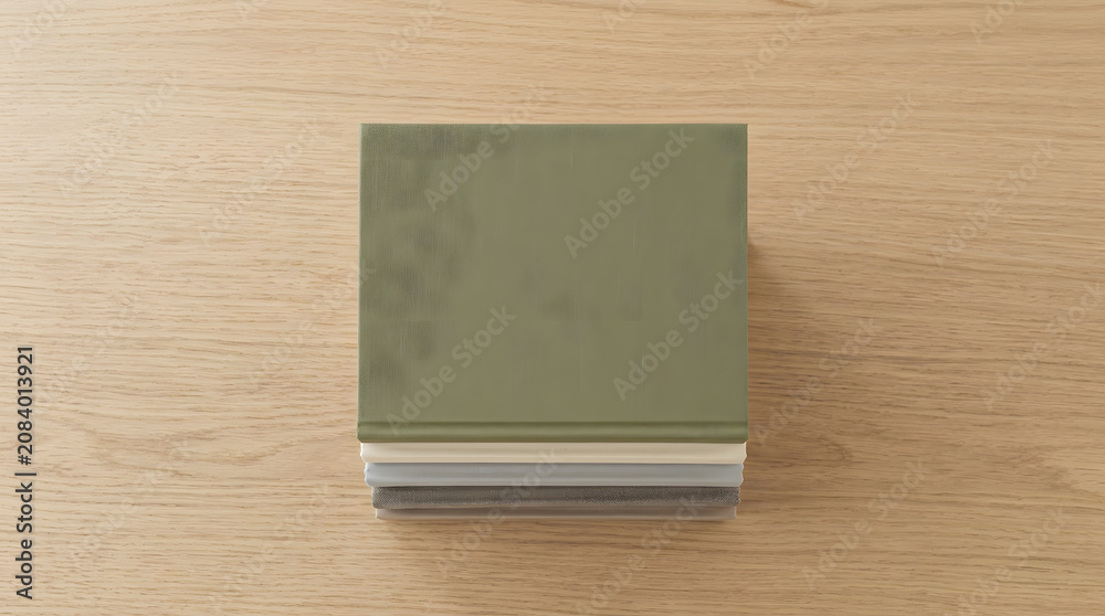 Fototapeta premium Top Down View of Stacked Fabric Cover Books with Hardcover on Wood Table