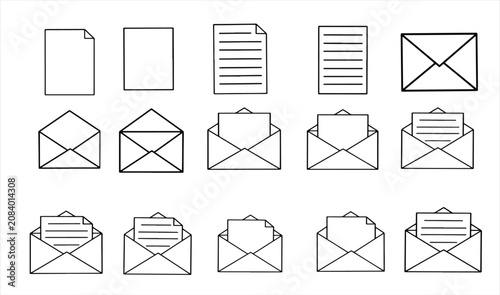 Set of Outline Letter and Envelope Icons Vector Illustration 