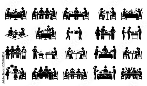 People Dining and Food Sharing Glyph Icon Set Featuring Family Meals, Restaurant Service, Business Lunch, Barbecue, Buffet, and Social Gatherings