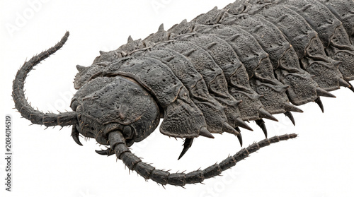 Arthropleura millipede fossil replica showcasing its segmented body and spiky texture in a detailed museum display for educational purposes