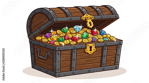 An old treasure chest overflowing with gold coins and precious jewels.
