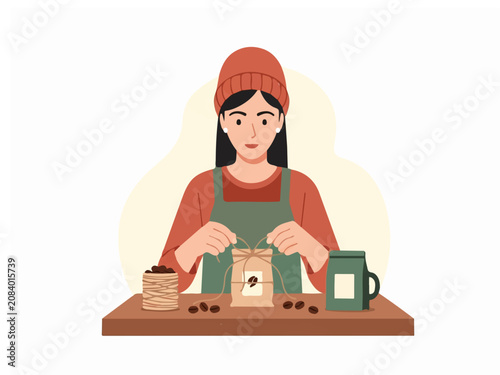 Female Artisan in Apron Packaging Fresh Coffee Beans into Eco-Friendly Paper Bags for Small Business